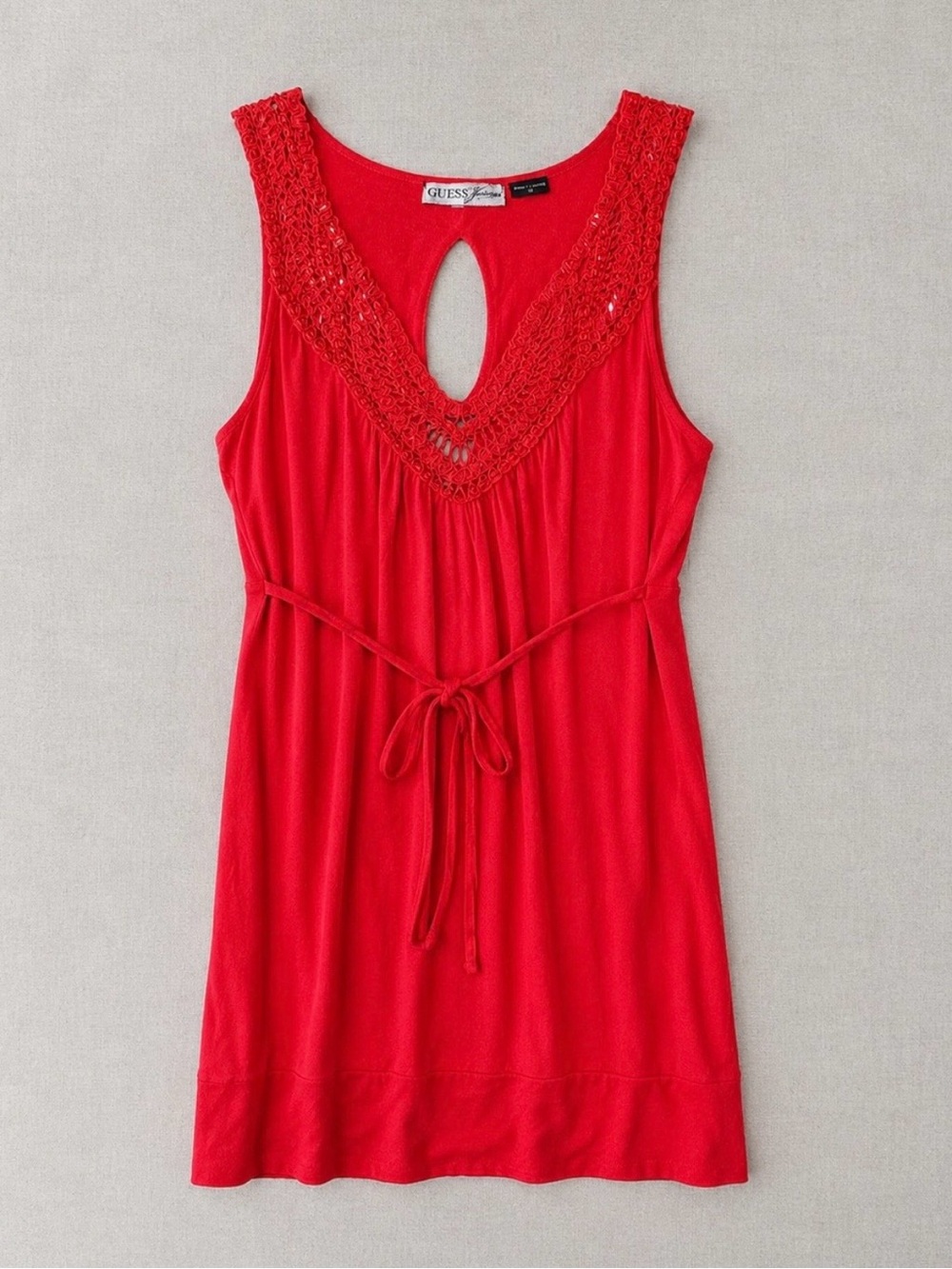Y2K GUESS Jeans Red Crochet Trim Keyhole Tie Front Tank Top Sleeveless